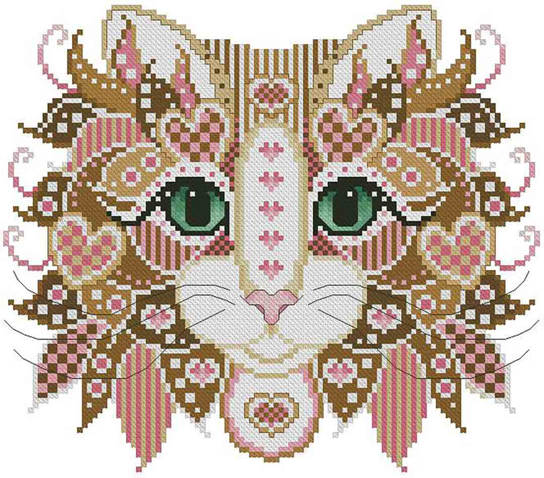 A stitched preview of the counted cross stitch pattern Colourful Cats Gingerbread by Kitty & Me Designs