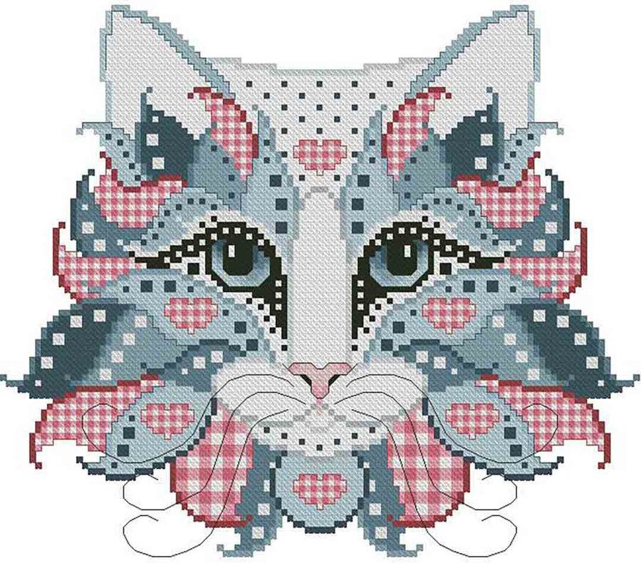 A stitched preview of the counted cross stitch pattern Colourful Cats Gingham by Kitty & Me Designs
