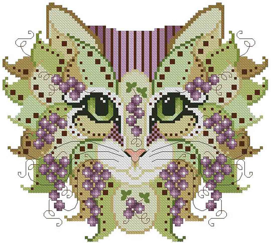 A stitched preview of the counted cross stitch pattern Colourful Cats Grapevine by Kitty & Me Designs