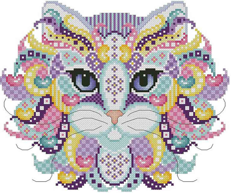 A stitched preview of the counted cross stitch pattern Colourful Cats Jelly Bean by Kitty & Me Designs