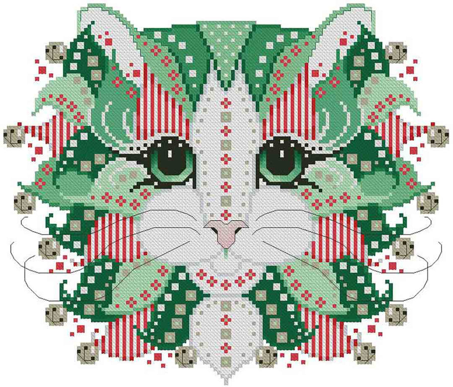 A stitched preview of the counted cross stitch pattern Colourful Cats Jingle by Kitty & Me Designs