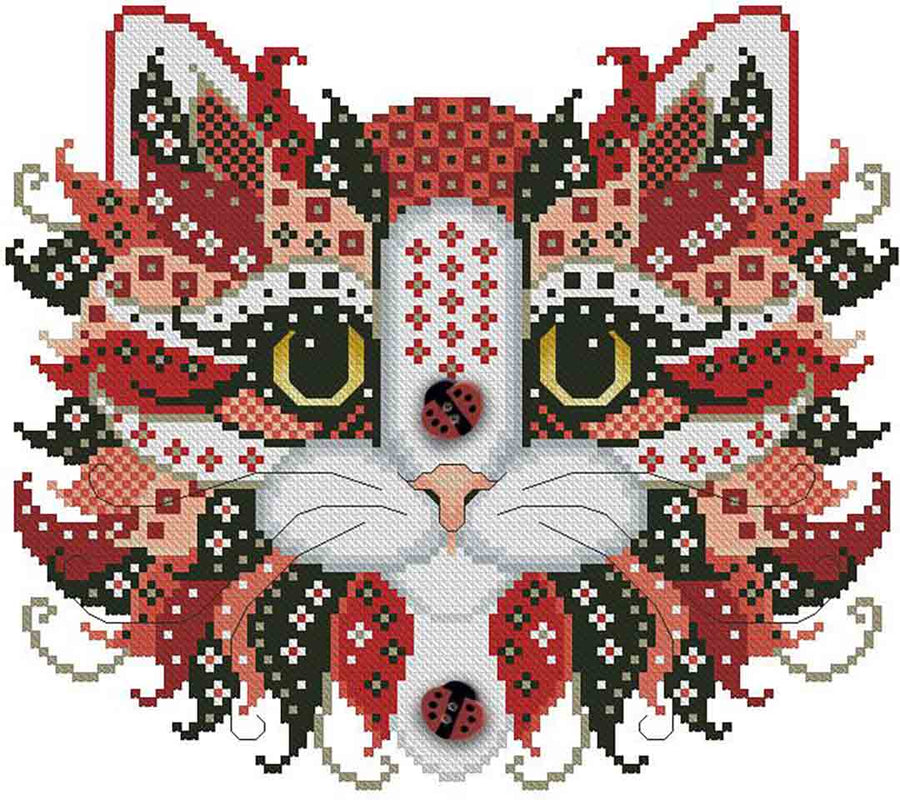 A stitched preview of the counted cross stitch pattern Colourful Cats Ladybug by Kitty & Me Designs