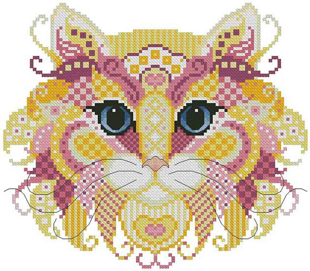 A stitched preview of the counted cross stitch pattern Colourful Cats Lemonade by Kitty & Me Designs