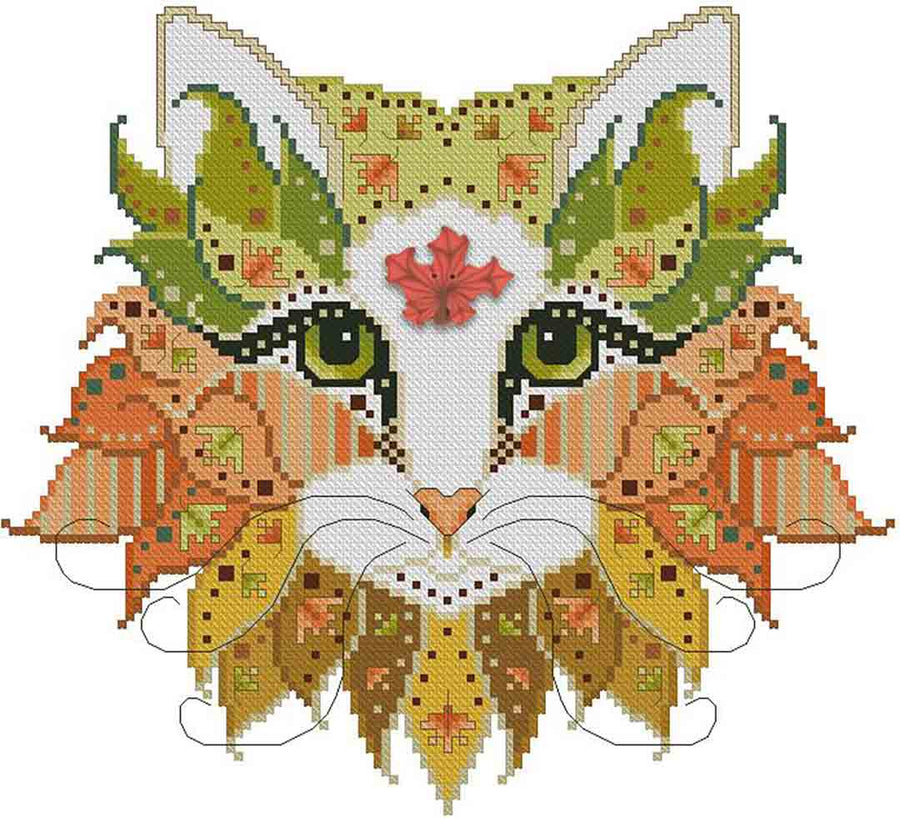 A stitched preview of the counted cross stitch pattern Colourful Cats Maple Leaf by Kitty & Me Designs