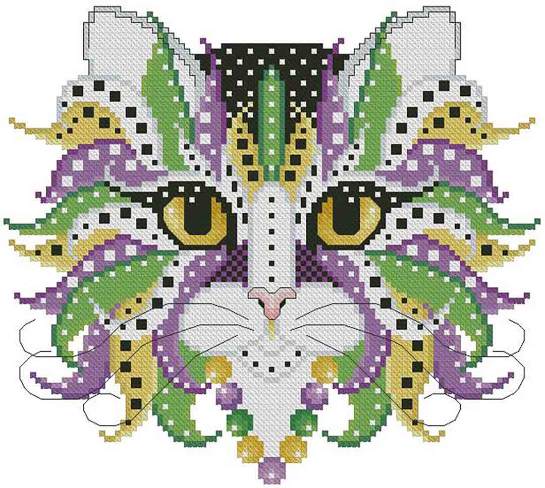A stitched preview of the counted cross stitch pattern Colourful Cats Mardi Gras by Kitty & Me Designs