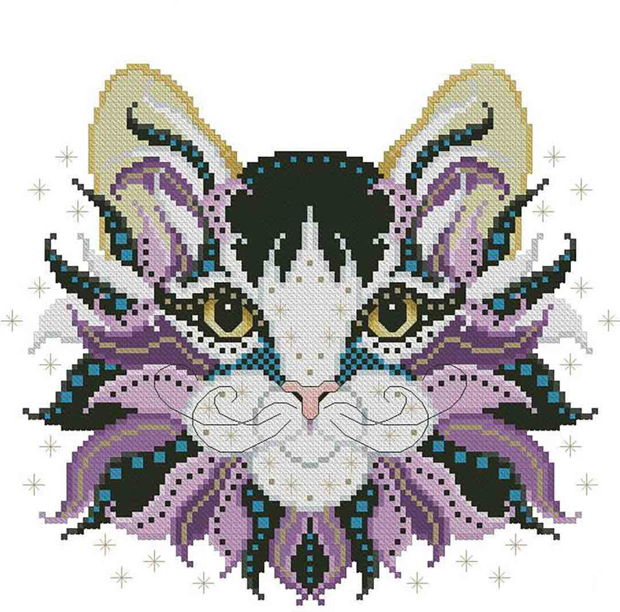 A stitched preview of the counted cross stitch pattern Colourful Cats Merlin by Kitty & Me Designs