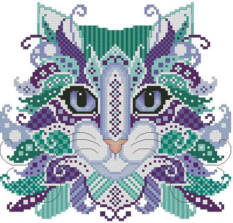 A stitched preview of the counted cross stitch pattern Colourful Cats Mermaid by Kitty & Me Designs