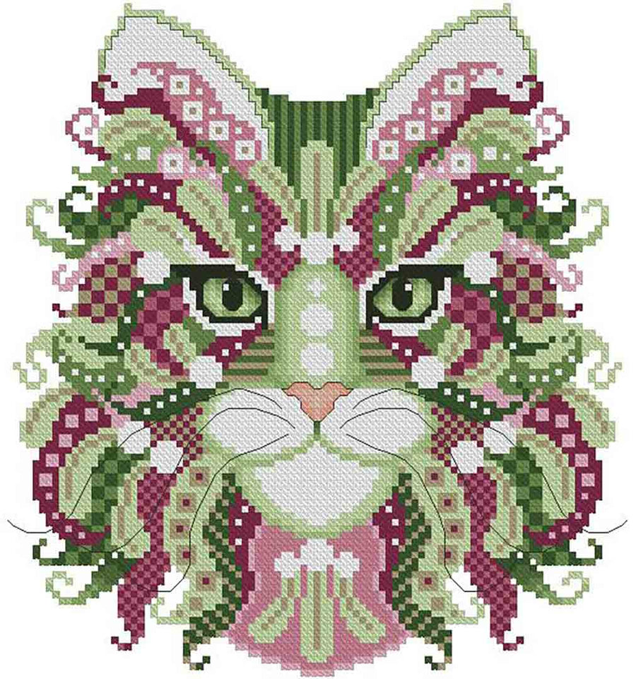 A stitched preview of the counted cross stitch pattern Colourful Cats Mistletoe by Kitty & Me Designs