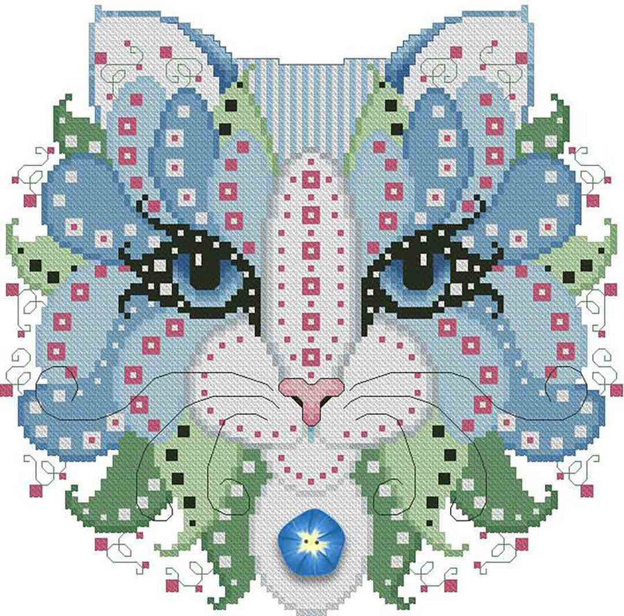 A stitched preview of the counted cross stitch pattern Colourful Cats Morning Glory by Kitty & Me Designs