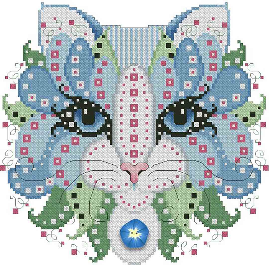A stitched preview of the counted cross stitch pattern Colourful Cats Morning Glory by Kitty & Me Designs