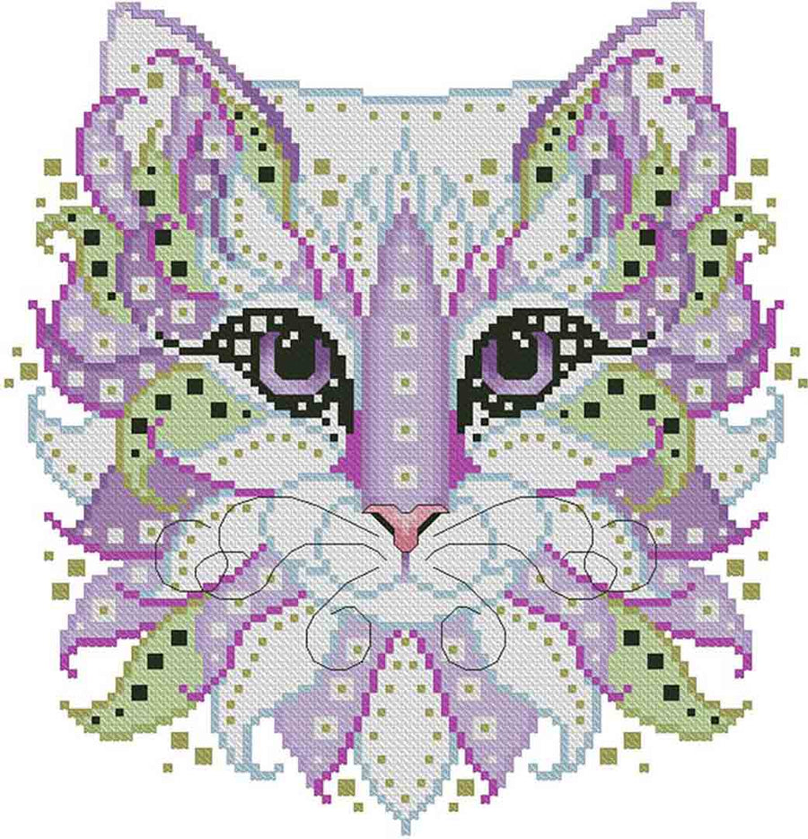 A stitched preview of the counted cross stitch pattern Colourful Cats Mystery by Kitty & Me Designs