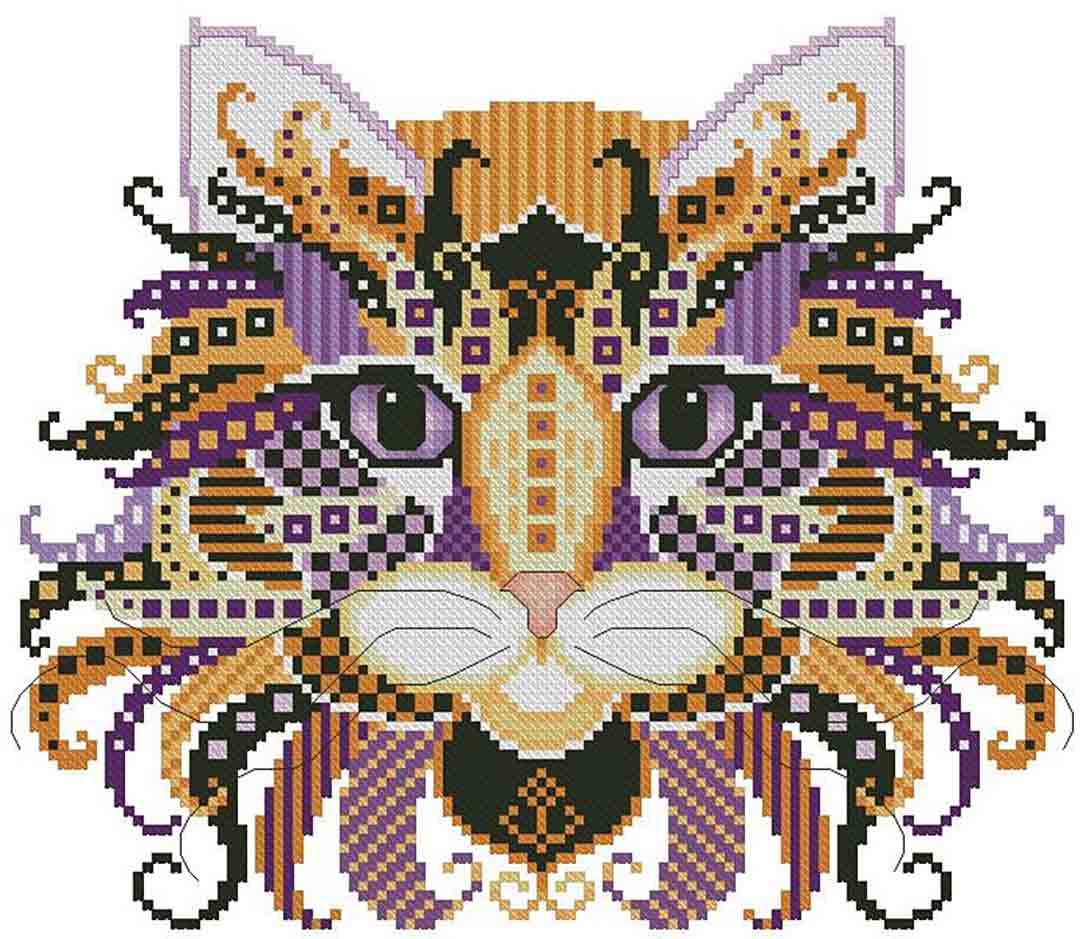 A stitched preview of the counted cross stitch pattern Colourful Cats Nightmare by Kitty & Me Designs