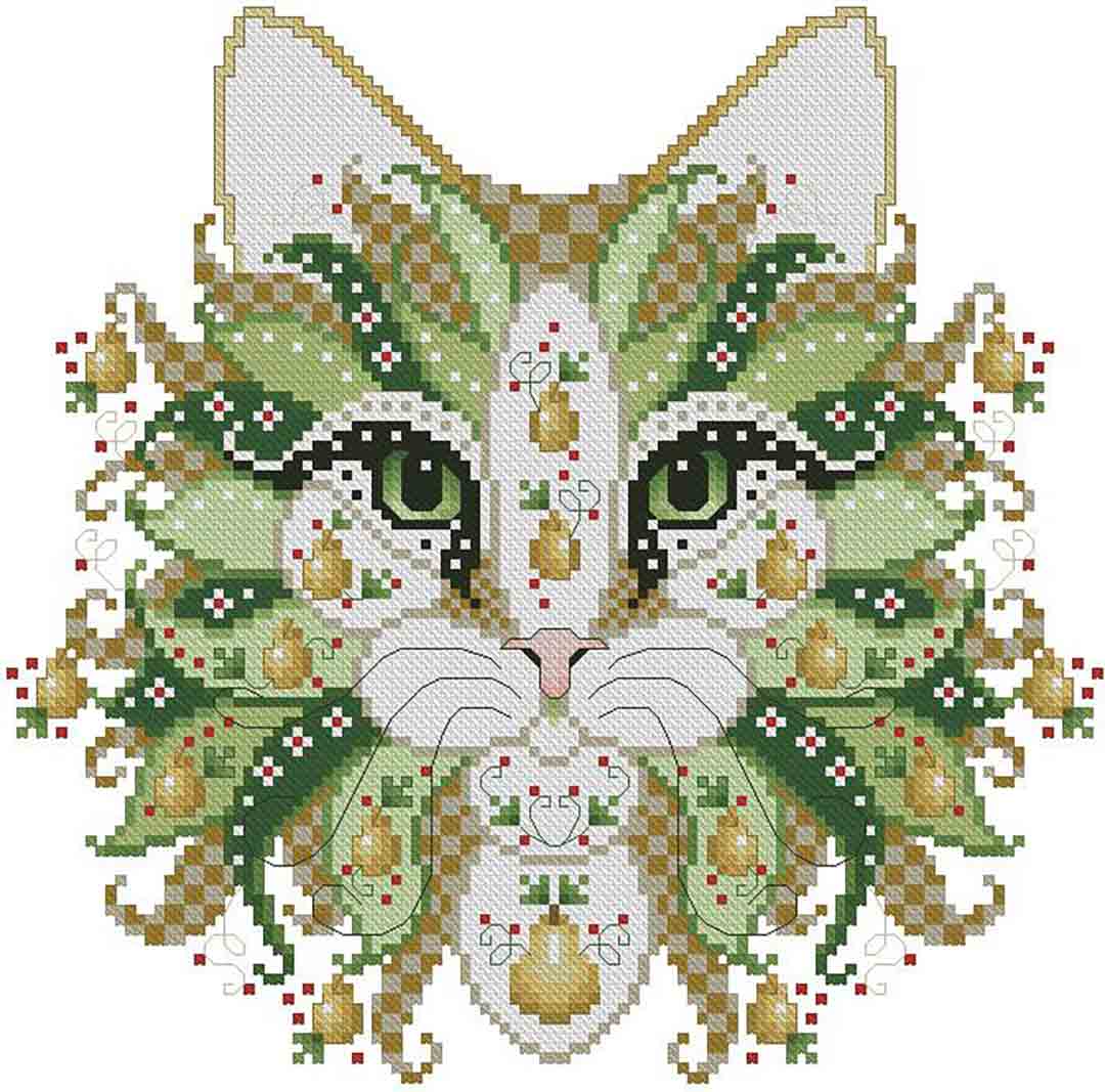 A stitched preview of the counted cross stitch pattern Colourful Cats Partridge by Kitty & Me Designs
