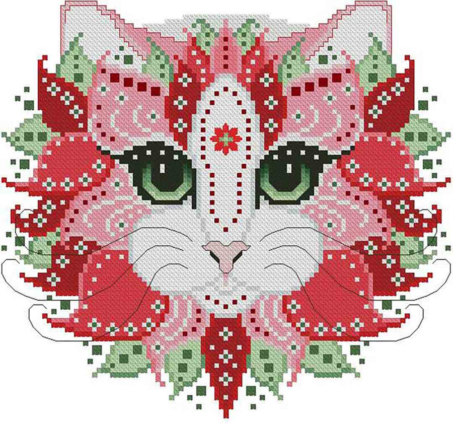 A stitched preview of the counted cross stitch pattern Colourful Cats Poinsettia by Kitty & Me Designs