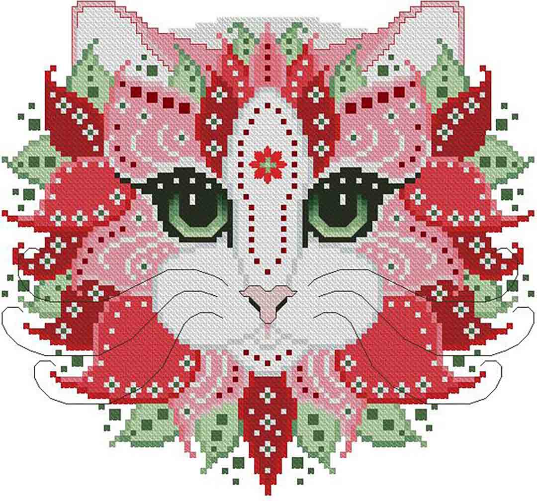 A stitched preview of the counted cross stitch pattern Colourful Cats Poinsettia by Kitty & Me Designs