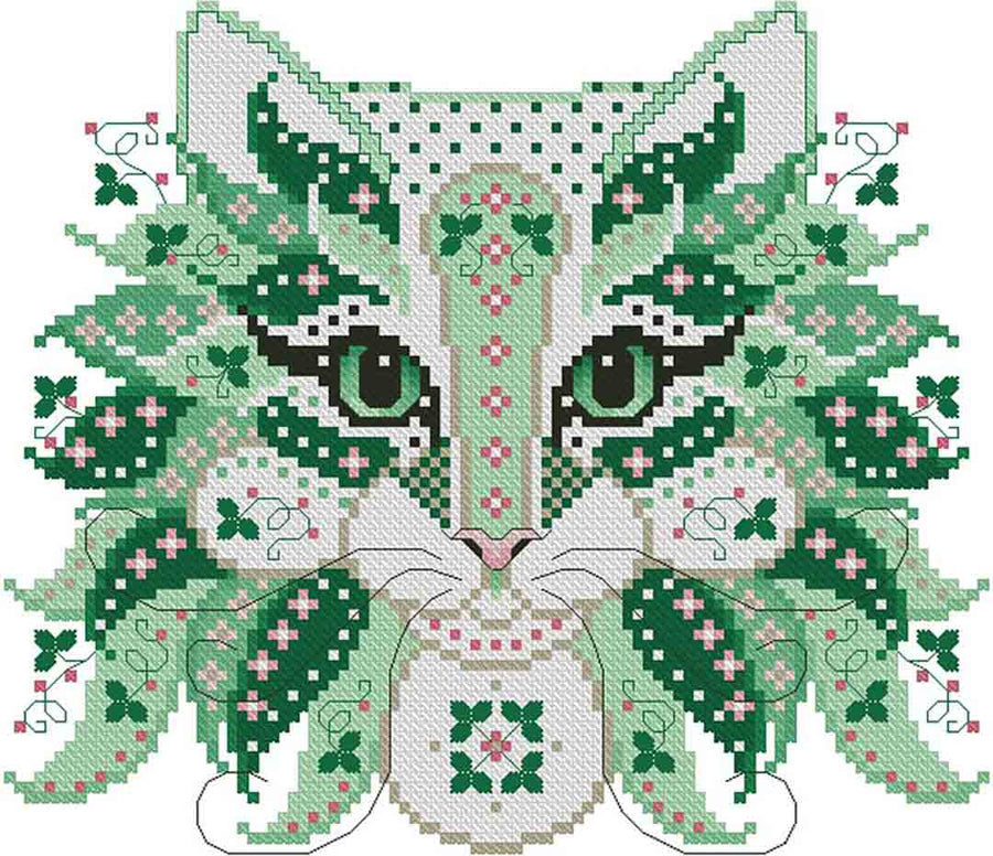A stitched preview of the counted cross stitch pattern Colourful Cats Shamrock by Kitty & Me Designs