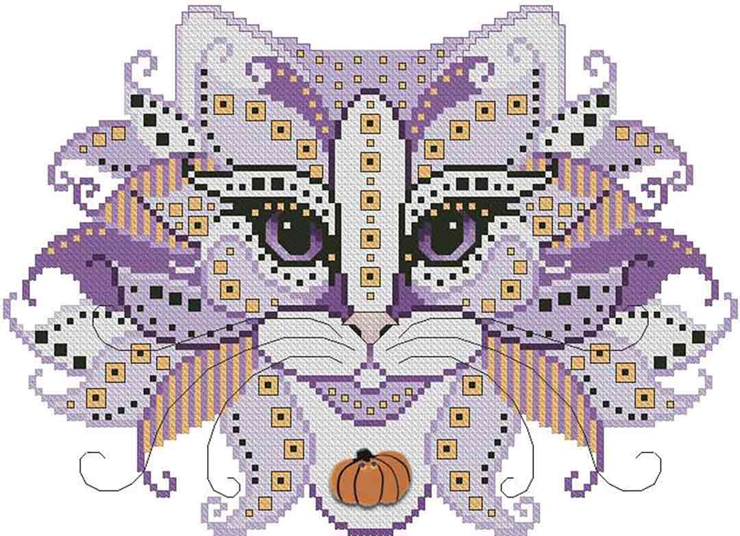 A stitched preview of the counted cross stitch pattern Colourful Cats Spooky by Kitty & Me Designs