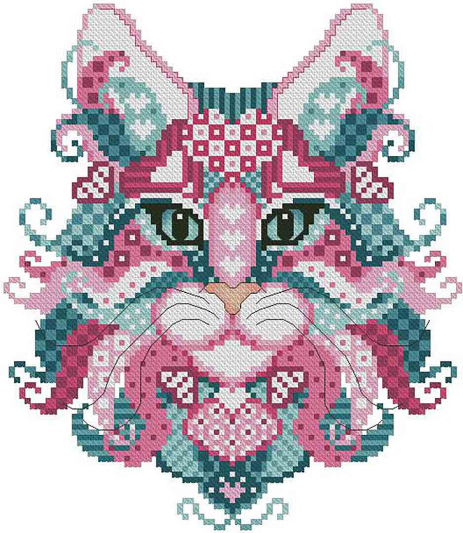 A stitched preview of the counted cross stitch pattern Colourful Cats Valentino by Kitty & Me Designs