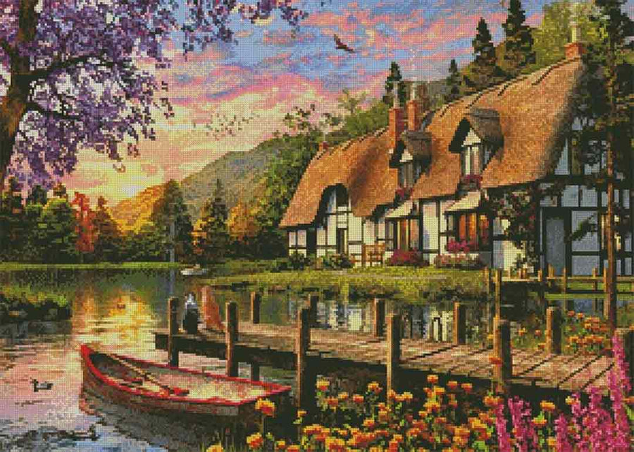 A stitched preview of the counted cross stitch pattern Cottage Evening Sunset by Artecy Cross Stitch