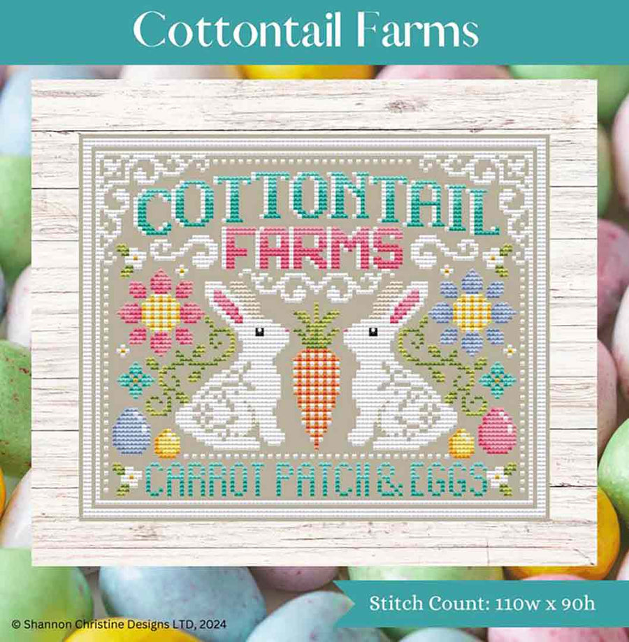 A stitched preview of the counted cross stitch pattern Cottontail Farms by Shannon Christine Designs