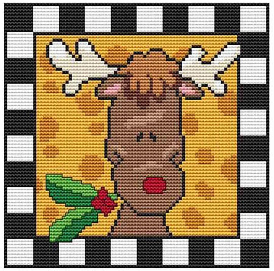 A stitched preview of the counted cross stitch pattern Country Christmas Checkered - Reindeer Holly by Marcia Manning