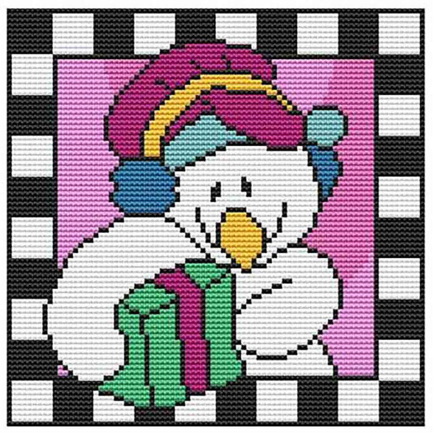 A stitched preview of the counted cross stitch pattern Country Christmas Checkered - Snowman Gift by Marcia Manning