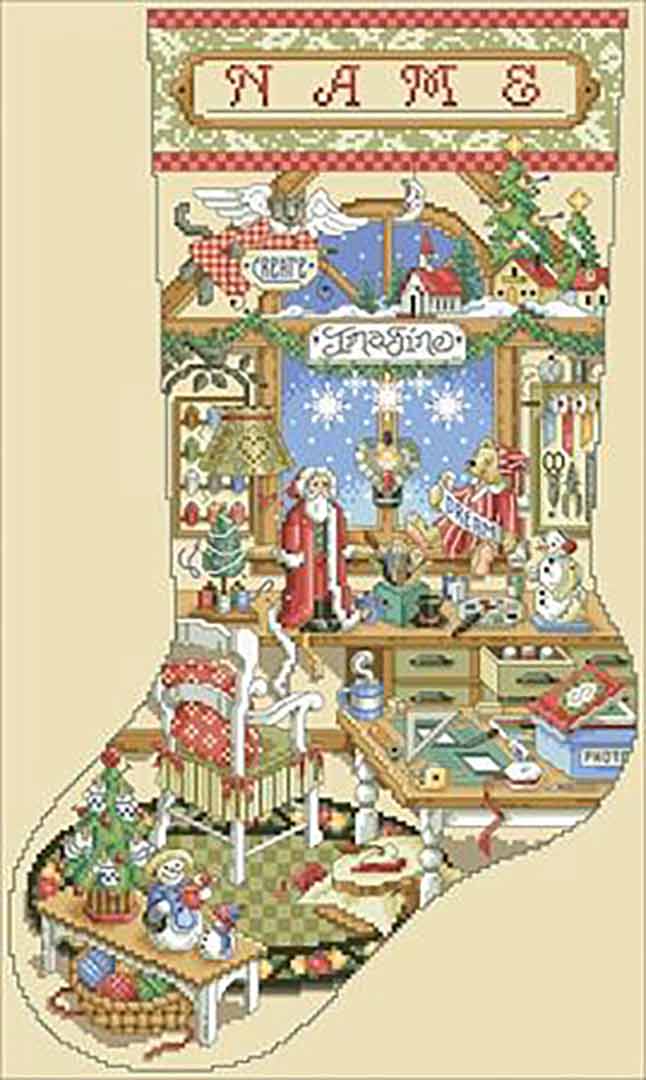 A stitched preview of the counted cross stitch pattern Crafter's Corner Stocking by Kooler Design Studio