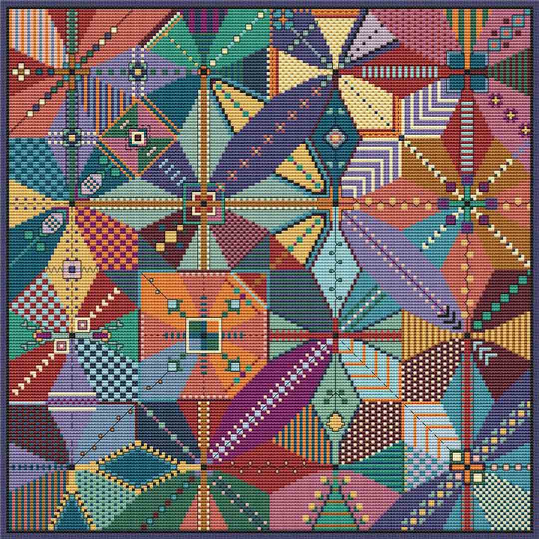 A stitched preview of the counted cross stitch pattern Crazy Kaleidoscope by Carolyn Manning Designs