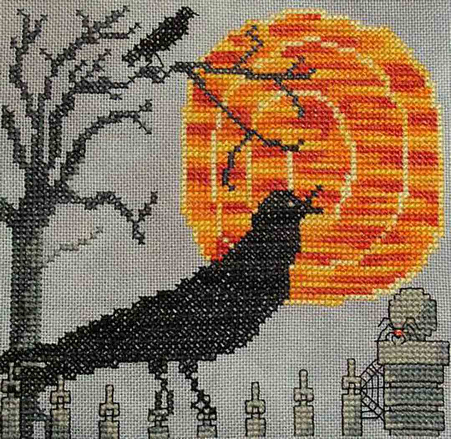 A stitched preview of the counted cross stitch pattern Crow's Halloween by Janis Lockhart