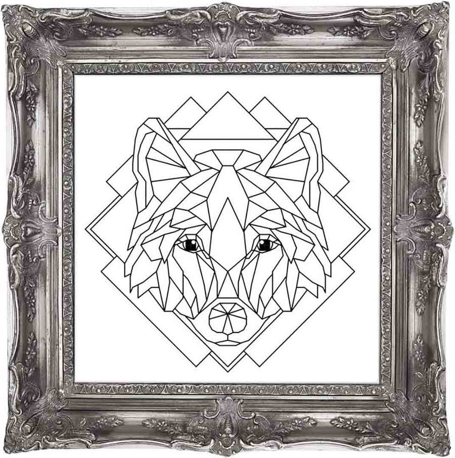 A stitched preview of the blackwork pattern Crystal Wolf by Chelsea Buns Cross Stitch