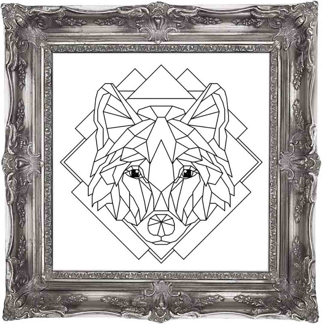 A stitched preview of the blackwork pattern Crystal Wolf by Chelsea Buns Cross Stitch
