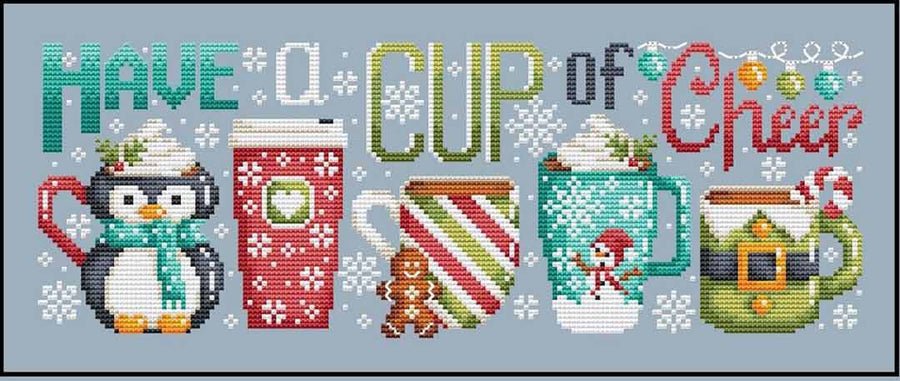 A stitched preview of the counted cross stitch pattern Cup Of Cheer by Shannon Christine Design