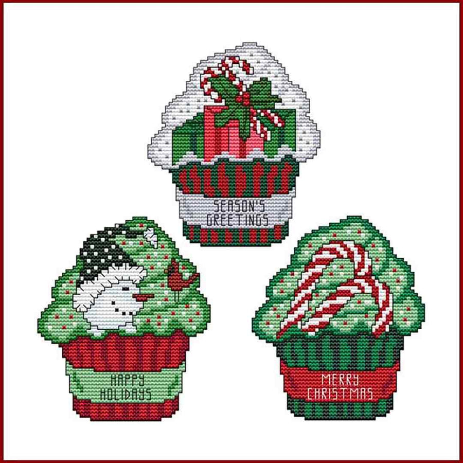 A stitched preview of the counted cross stitch pattern Cupcakes Christmas Trio by Marcia Manning
