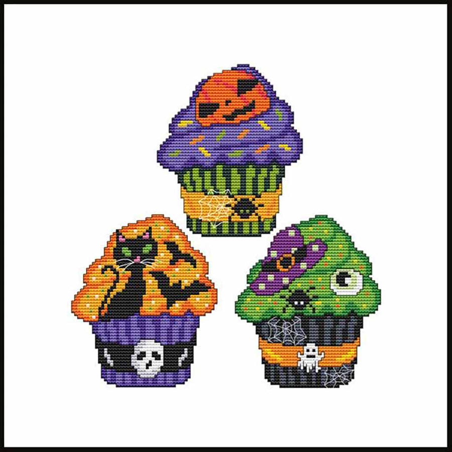 A stitched preview of the counted cross stitch pattern Cupcakes Halloween Trio 1 by Marcia Manning