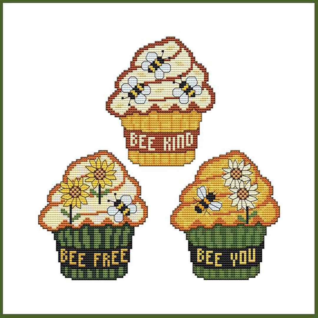 A stitched preview of the counted cross stitch pattern Cupcakes - Sunflower N' Bee Trio by Marcia Manning