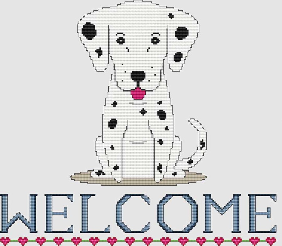 A stitched preview of the counted cross stitch pattern Dalmatian Welcome by DogShoppe Designs