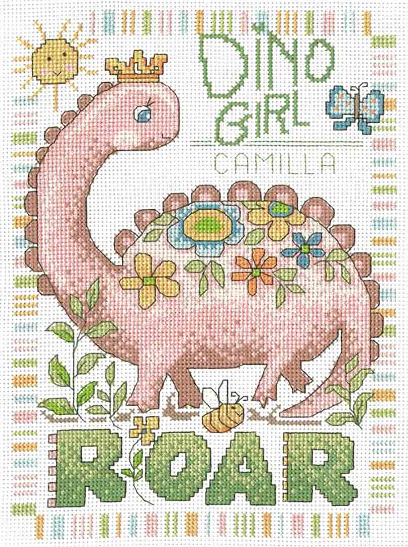 A stitched preview of the counted cros stitch pattern Dino Girl Birth Record by Diane Arthurs