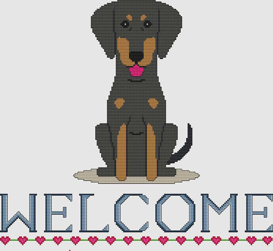 A stitched preview of the counted cross stitch pattern Doberman Pinscher Welcome by DogShoppe Designs