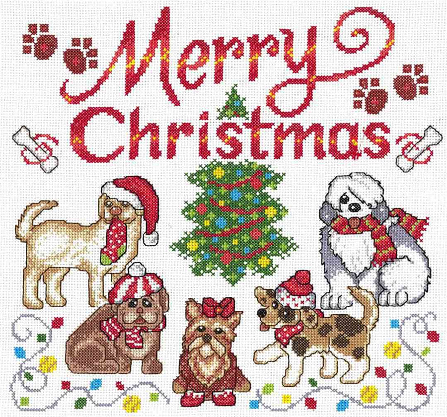 A stitched preview of the counted cross stitch pattern Dog Gone Christmas by Ursula Michael