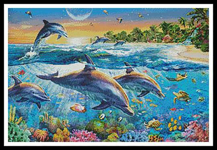 A stitched preview of the counted cross stitch pattern Dolphin Bay by Artecy Cross Stitch