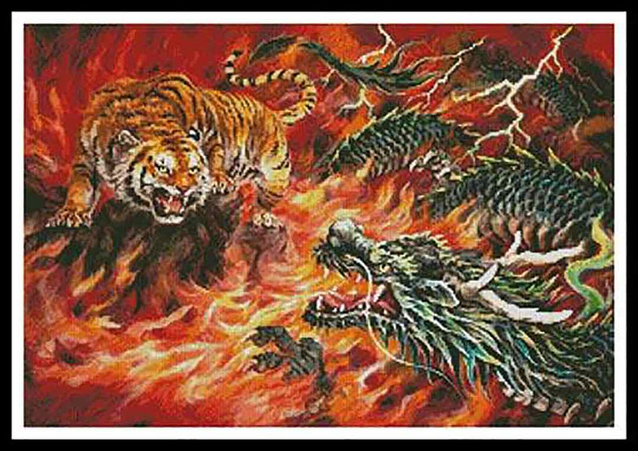 A stitched preview of the counted cross stitch pattern Dragon And Tiger In The Fire by Artecy Cross Stitch