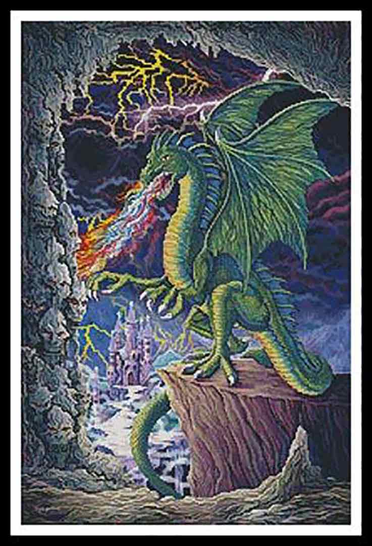 A stitched preview of the counted cross stitch pattern Dragons Lair by Artecy Cross Stitch