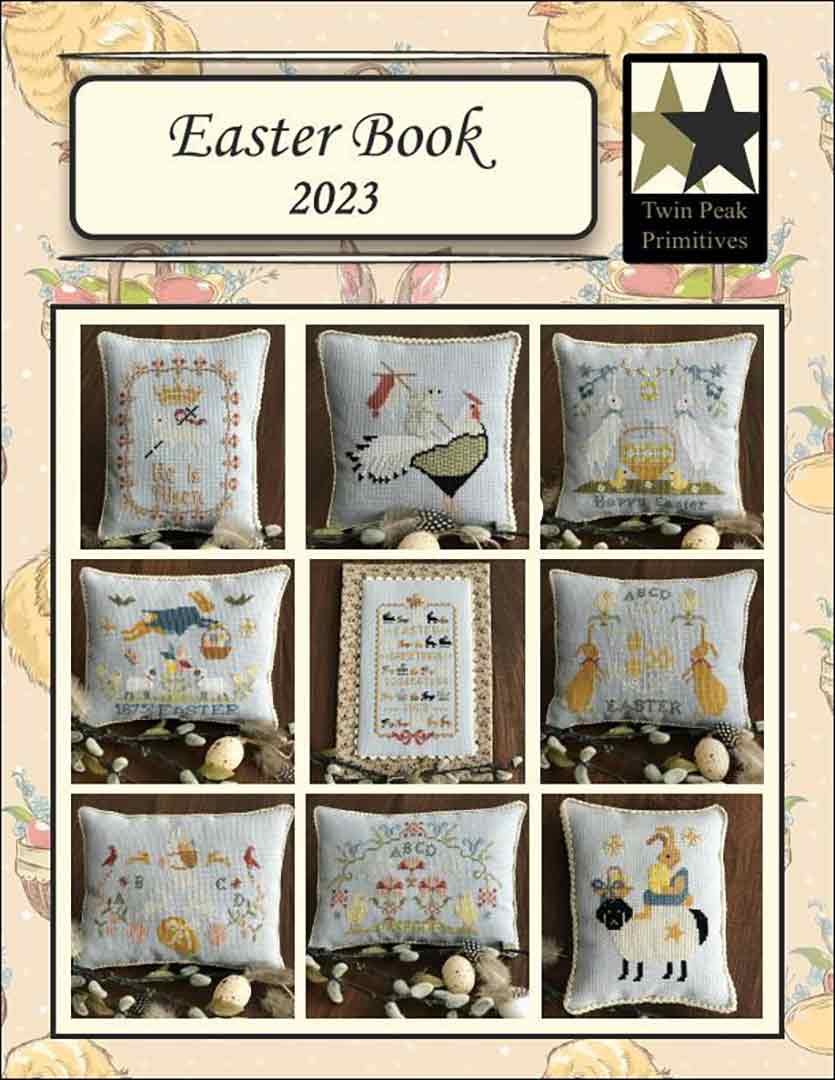 A stitched preview of the counted cross stitch pattern Easter Book 2023 by Twin Peak Primitives