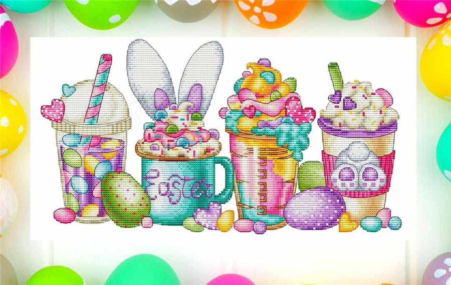 A stitched preview of the counted cross stitch pattern Easter Coffees by Les Petites Croix De Lucie