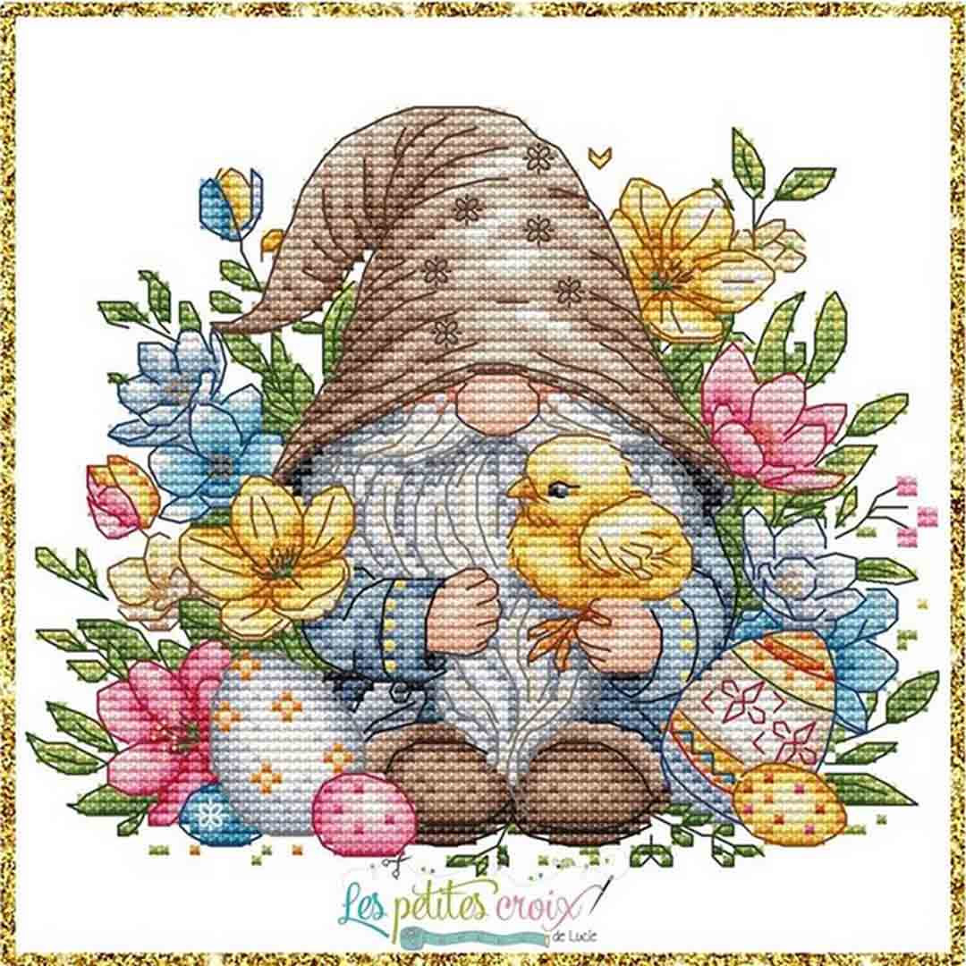 A stitched preview of the counted cross stitch pattern Easter Gnome 2024 by Les Petites Croix De Lucie