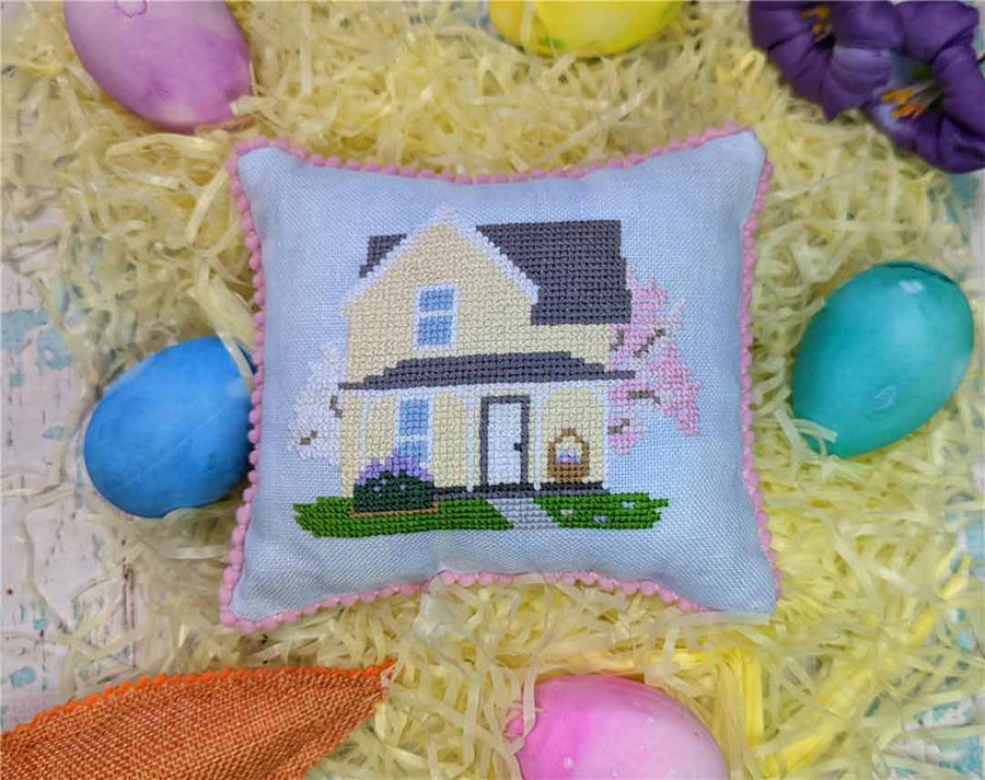 A stitched preview of the counted cross stitch pattern Easter House by KEB Studio Creations