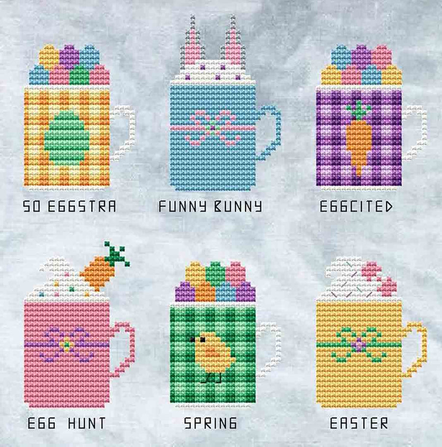 A stitched preview of the counted cross stitch pattern Easter Mugs by Kate Spiridonova