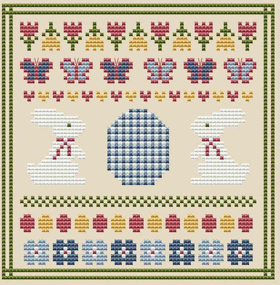 A stitched preview of the counted cross stitch pattern Easter Sampler by Kate Spiridonova