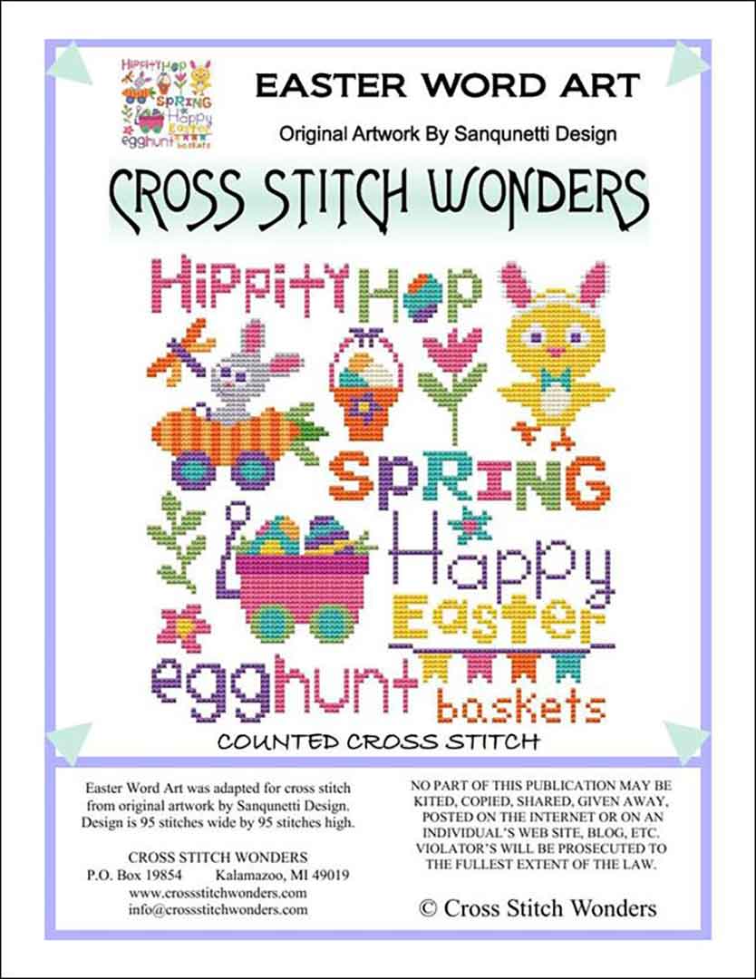 A stitched preview of the counted cross stitch pattern Easter Word Art by Marcia Manning