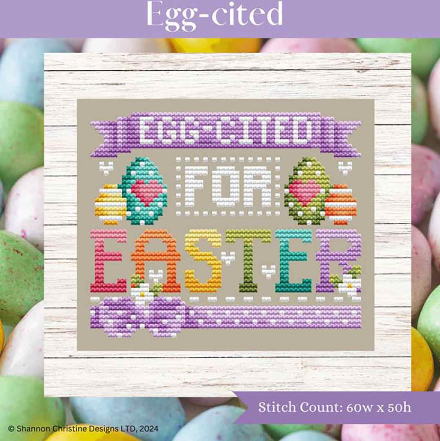 A stitched preview of the counted cross stitch pattern Egg-cited by Shannon Christine Designs